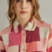 Ensemble Pyjama 2 Pièces Rose Bordeaux à Motif Carré