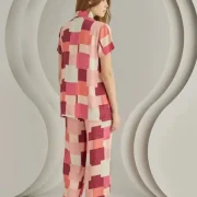 Ensemble Pyjama 2 Pièces Rose Bordeaux à Motif Carré