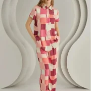 Ensemble Pyjama 2 Pièces Rose Bordeaux à Motif Carré
