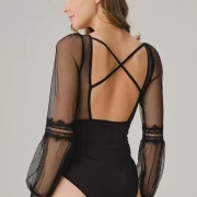 Body Femme à Manches Longues avec Tulle et Dentelle